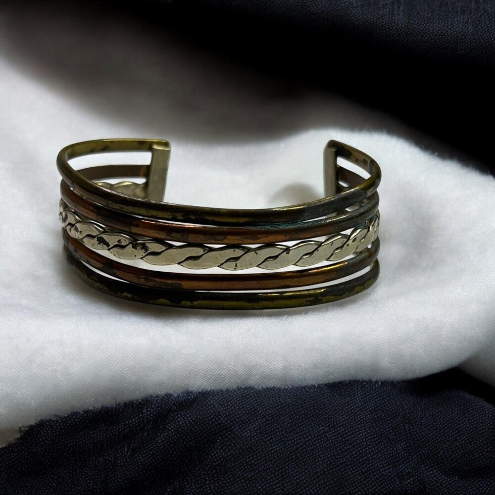 Vintage Mixed Metal Copper & Brass Open Cuff Bracelet With Braided Design